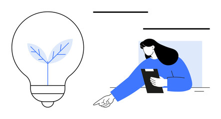 Woman holding clipboard and pointing while a light bulb with a growing plant symbolizes innovation, sustainability, and eco-friendly solutions. Ideal for green energy, environmental awareness