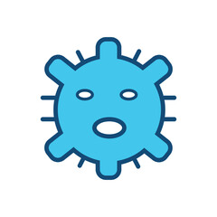 Creative flat line icon of a cartoon-style virus or microbe character with facial expression. Designed in blue color, this icon is ideal for medical, healthcare, pandemic, COVID-19 awareness, biology