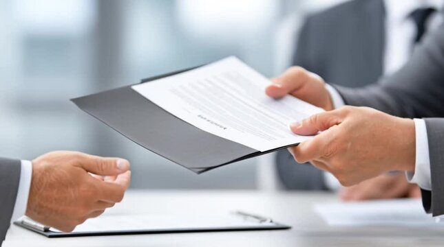 Life insurance agreement document exchange between parents hands with professional paper folder securing future protection and trust in formal business setting for peace of mind