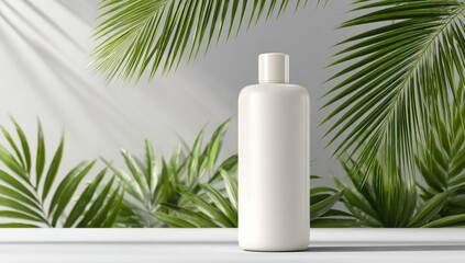Blank white bottle, tropical leaves, sunlight