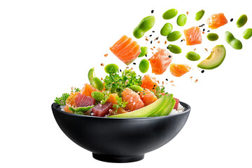 Fresh salmon poke bowl with edamame beans avocado rice and sesame seeds isolated on transparent background