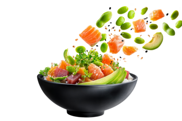 Fresh salmon poke bowl with edamame beans avocado rice and sesame seeds isolated on transparent background