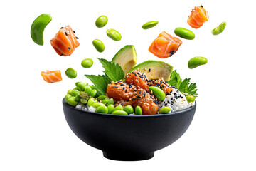 Fresh salmon poke bowl with edamame beans avocado rice and sesame seeds isolated on transparent background