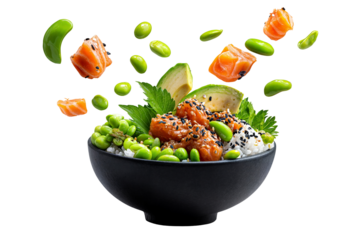Fresh salmon poke bowl with edamame beans avocado rice and sesame seeds isolated on transparent background