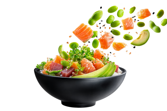 Fresh salmon poke bowl with edamame beans avocado rice and sesame seeds isolated on transparent background