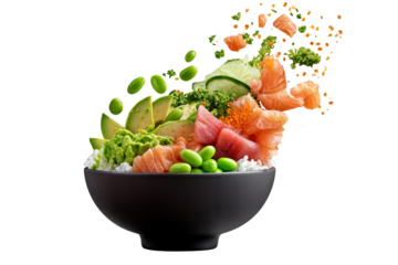 Fresh salmon poke bowl with edamame beans avocado rice and sesame seeds isolated on transparent background