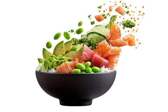 Fresh salmon poke bowl with edamame beans avocado rice and sesame seeds isolated on transparent background - Powered by Adobe