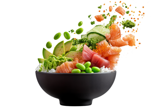 Fresh salmon poke bowl with edamame beans avocado rice and sesame seeds isolated on transparent background