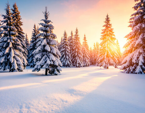 Golden Hour Glow Snow-Covered Pine Forest at Dusk