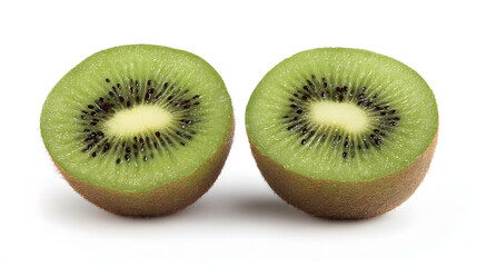 Fototapeta premium Fresh kiwi halves with vibrant green flesh and black seeds, showcasing nature's juicy perfection.
