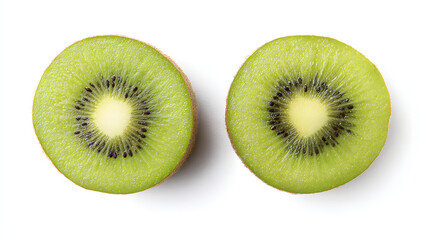 Fototapeta premium Fresh kiwi halves with vibrant green flesh and black seeds, showcasing nature's juicy perfection.
