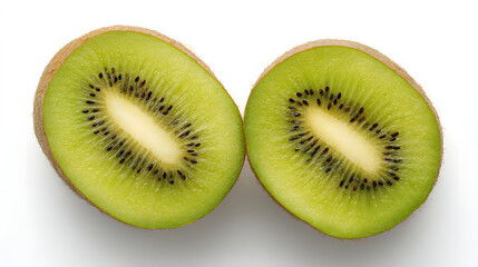 Fototapeta premium Fresh kiwi halves with vibrant green flesh and black seeds, showcasing nature's juicy perfection.