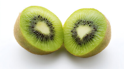 Fototapeta premium Fresh kiwi halves with vibrant green flesh and black seeds, showcasing nature's juicy perfection.