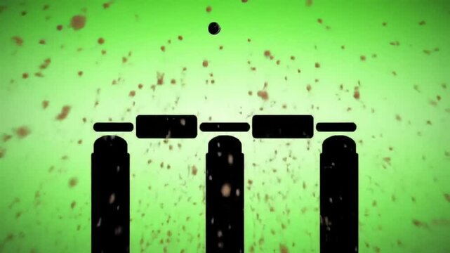 Abstract graphic design of cricket stumps with a scattering of particles on a green background.