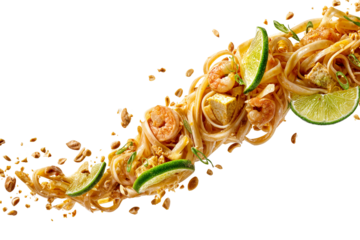 Traditional shrimp pad thai with tofu peanuts and noodles isolated on transparent background with flying ingredients