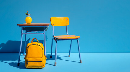 School desk with chair and yellow bag on blue background.