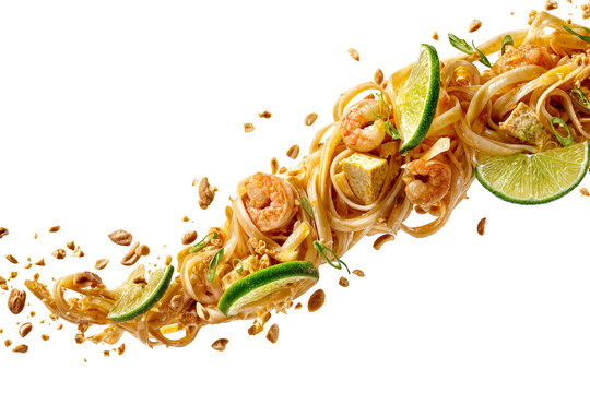 Traditional shrimp pad thai with tofu peanuts and noodles isolated on transparent background with flying ingredients