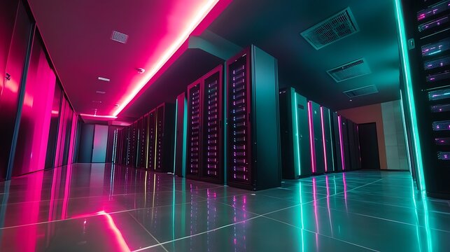 Server racks line a long, neonlit corridor in a futuristic data center setting - Powered by Adobe