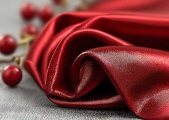 Red satin fabric folds and berries