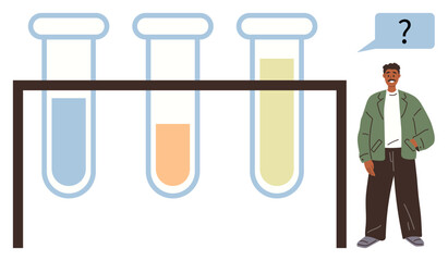 Three test tubes filled with blue, orange, and yellow liquids in a stand, observed by a curious man with a question mark. Ideal for science, education, research, inquiry, curiosity problem-solving