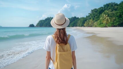Woman walking along a serene beach with a yellow backpack