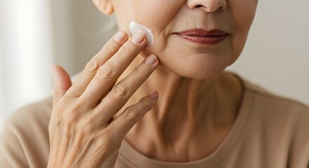 Naklejka premium Close-up of elderly woman's hands applying cream to her face, soft lighting, skincare and self-care concept, graceful aging, focus on wrinkles and gentle touch, natural beauty and wellness.