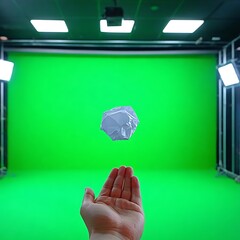 Hand throws crumpled paper in a green screen studio