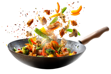 Colorful chicken stir fry with vegetables in hot wok isolated on transparent background with flying ingredients and spices