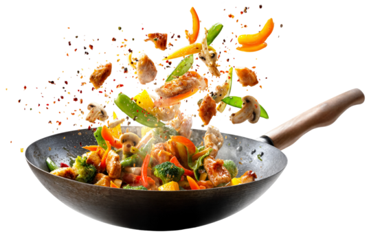 Colorful chicken stir fry with vegetables in hot wok isolated on transparent background with flying ingredients and spices