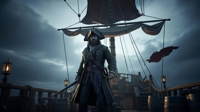 Stern Pirate Captain on Ship at Dusk