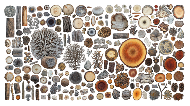 Cut wood pieces arranged, texture, browns, circles, rectangles