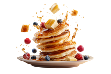 Stack of fluffy pancakes with maple syrup butter and fresh berries on white plate with floating ingredients isolated on transparent background