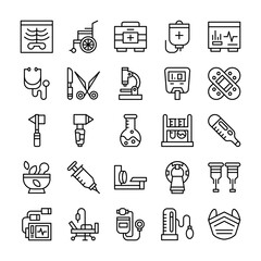 Medical equipment icon set in line style representing healthcare and treatment