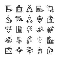 Finance and investment icon set in line style representing growth, savings, and financial strategies