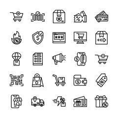 Shopping and e-commerce icon set in line style representing online retail activities