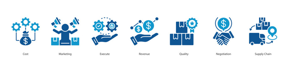 Business Execution banner web icon set vector illustration concept with icon of Cost, Marketing, Execute, Revenue, Quality, Negotiation, Supply Chain