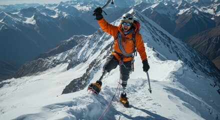 Determined climber reaching summit of snowy mountain