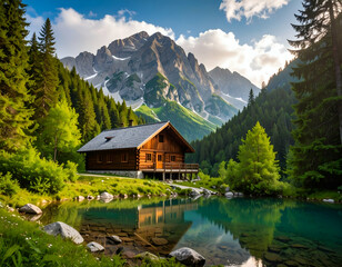 Fototapeta premium Serene Mountain Hut Firefly's Peaceful Retreat Amidst Alpine Trees
