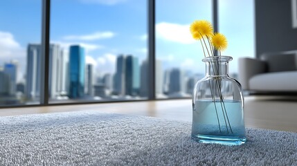 Modern interior with cityscape view and flowers