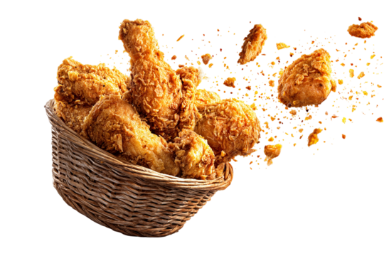 Crispy fried chicken in wicker basket with flying golden crumbs isolated on transparent background