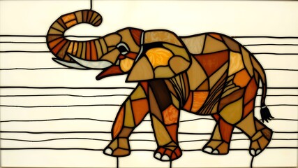 Artistic stained glass elephant depiction walking right on a white background