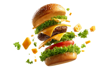 Classic cheeseburger with lettuce tomato beef patty and flying ingredients isolated on transparent background