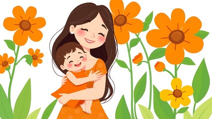 Happy mother embracing her child smiling amongst vibrant orange flowers in nature