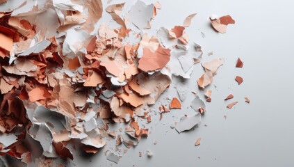 Broken eggshells scattered on light gray background