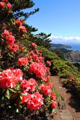 A scenic coastal path lined with vibrant pink rhododendron flowers under a clear blue sky overlooking ocean cliffs.