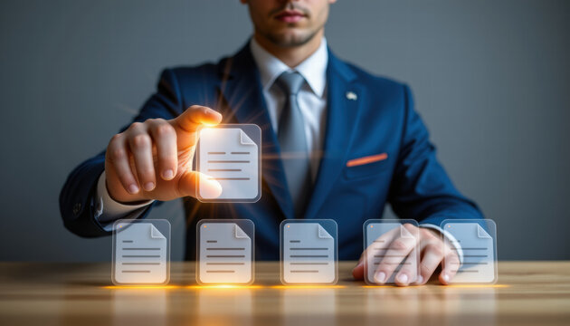 Image shows businessman suit interacting with digital documents, symbolizing technology and innovation business. focus is glowing document icons, representing data management and efficiency