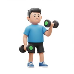 3d cartoon man lifting dumbbells isolated on white background
