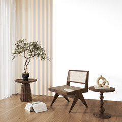 Modern Scandinavian Lounge with Indoor Plant, Accent Chair and Art Frame on Wall - Interior Cutout...