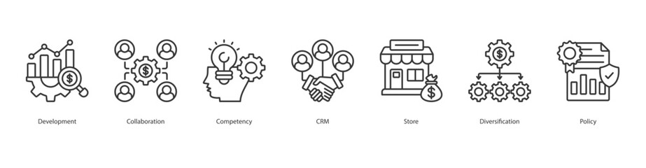 Obraz premium Business Structure banner web icon set vector illustration concept with icon of Development, Collaboration, Competency, CRM, Store, Diversification, Policy