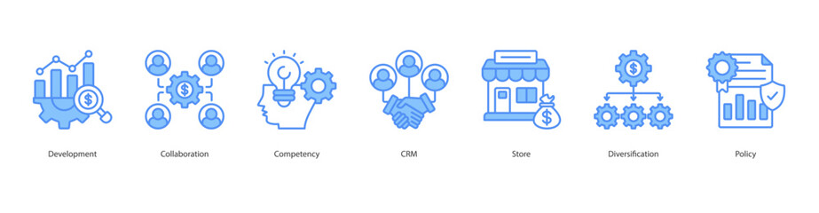 Business Structure banner web icon set vector illustration concept with icon of Development, Collaboration, Competency, CRM, Store, Diversification, Policy
